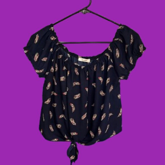 TeenBell Tops - TeenBell Front Tie Feather Design Blouse